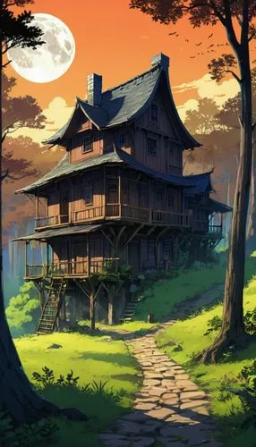 house silhouette,lonely house,studio ghibli,house in the forest,wooden house,teahouse,witch's house,ghibli,house in mountains,house in the mountains,ancient house,dreamhouse,forest house,little house,summer cottage,wooden houses,house with lake,cottage,home landscape,house by the water,Illustration,Japanese style,Japanese Style 03