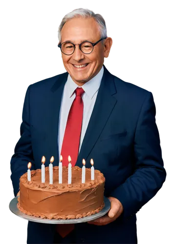 Elderly man, 63 years old, smiling face, wrinkles, gray hair, glasses, formal wear, holding cake with candles, blowing out candles, warm lighting, shallow depth of field, soft focus, happy expression,