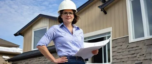 Mature lady, 30 years old, architect, standing, white hard hat, black framed glasses, short hair, casual makeup, yellow vest, blue jeans, brown boots, holding blueprints, windy day, suburban residenti