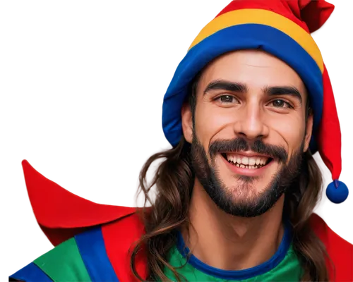 Jester face, male, mischievous grin, pointed beard, red nose, colorful jester hat, playful eyes, freckles on cheeks, pale skin tone, soft facial features, 3/4 composition, shallow depth of field, warm