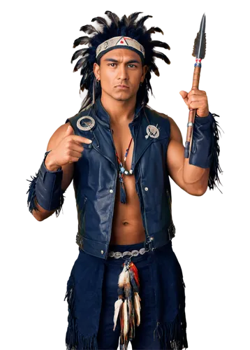 Native American warrior, strong muscular build, feathered headdress, bold facial features, dark skin, intense eyes, full lips, traditional tribal clothing, fringed leather vest, feathered arm bands, b