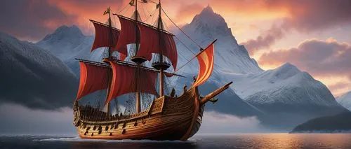 Nordic Viking-inspired warship, majestic sail, billowing in the wind, intricate wooden carvings, golden armor plating, mighty iron-clad hull, fearsome dragon figurehead, sprawling rigging, crimson and