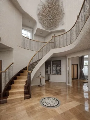 circular staircase,winding staircase,spiral staircase,wooden stair railing,staircase,outside staircase,luxury home interior,spiral stairs,3d rendering,wooden stairs,entrance hall,penthouse apartment,i