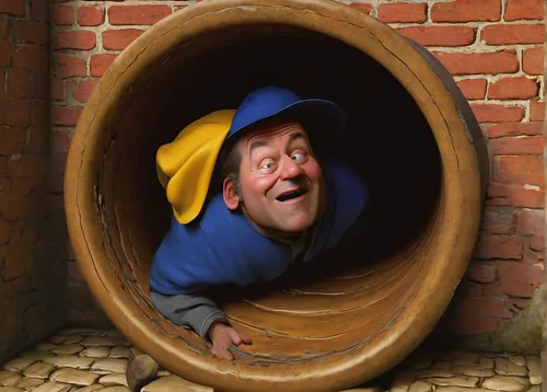 Illustrate a comical situation where someone accidentally gets trapped inside a giant pipe.,pinocchio,toad in hole,barrel,toad in the hole,wooden barrel,hay barrel,knothole,hole in the wall,wine barre