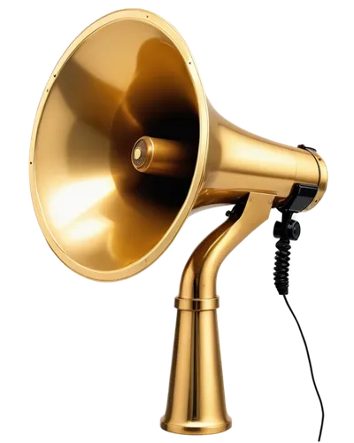 Megaphone, golden metallic material, curved shape, loudspeaker grille, microphone hole, handle on top, shiny surface, slight rust texture, solo object, central composition, warm lighting, shallow dept