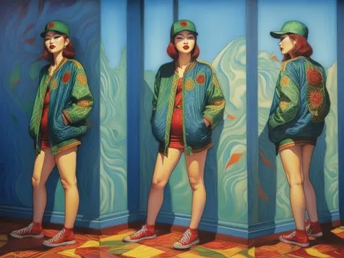 An amazing nude japanese young woman  with red lips and green eyes,a woman with an open shirt and shorts in two pictures,demoiselles,welin,jasinski,camulos,lupini,clover jackets,Illustration,Realistic