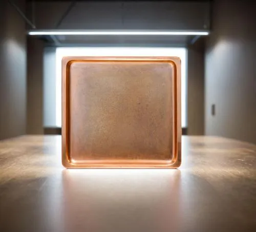 一块铜制的色板无限延伸,an orange square shaped object sitting on a wooden table,copper frame,wall light,wall lamp,corten steel,light box,turrell,lightbox,luminaire,lightsquared,square bokeh,foscarini,illumina,tr