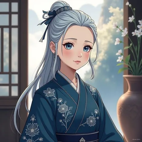 The image features a young person dressed in traditional East Asian attire, likely from a historical or fantasy setting. They are wearing a dark blue robe adorned with intricate, embroidered silver pa