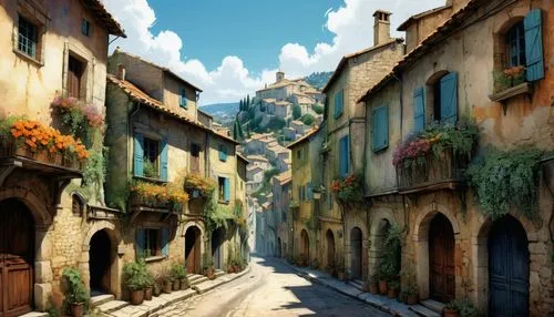 medieval street,kotor,narrow street,novigrad,provencal,dubrovnic,medieval town,seregil,provence,theed,martre,ruelle,capadocia,mountain village,uncharted,alpine village,townscapes,ancient city,casbah,meteora,Conceptual Art,Oil color,Oil Color 06