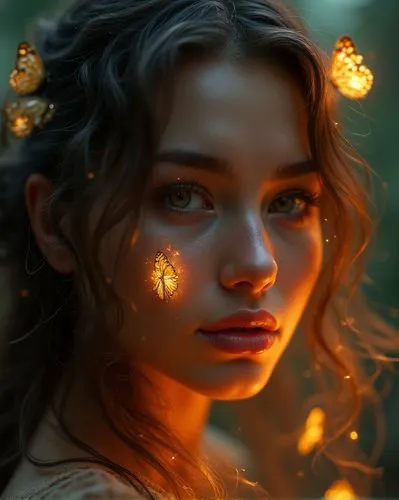 digital painting,mystical portrait of a girl,fantasy portrait,golden flowers,luminous,fireflies