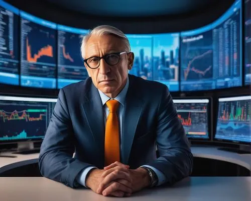 Modern, sleek, minimalist desktop application, stock trader, mature businessman, suit, tie, glasses, serious expression, sitting in front of multiple screens, fingers on keyboard, eyes fixed on charts