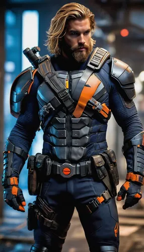 (Brock O'Hurn) dressed as (Deathstroke Arkham Origins), (no mask), (very handsome), (very toned body), (beard), (shaggy, blond hair), (blue eyes), (early 30's), (full body picture), (intricate details