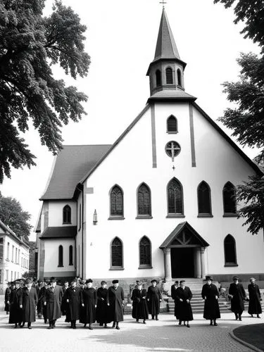 German Protestant congregation leaving the church building,a group of people standing outside of a church,oberammergau,thomaskirche,kirche,dahlem,pilgrimage church of wies,asamkirche