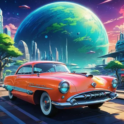 moon car,autopia,car hop,gas planet,cartoon video game background,cuba background,Illustration,Japanese style,Japanese Style 03