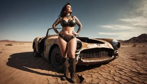 artwork, a single beauty woman curvy huge bra large brunette, mud cover body, retro wild pin up girl tattoos, use leather and metal bikini rusty post apocalypse style, full pose standing from the head