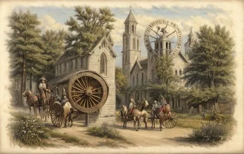 riding horse buggy church close up,pilgrims,village scene,church painting,nidaros cathedral,medieval,notre dame de sénanque,potter's wheel,medieval market,rathauskeller,the windmills,water wheel,middl