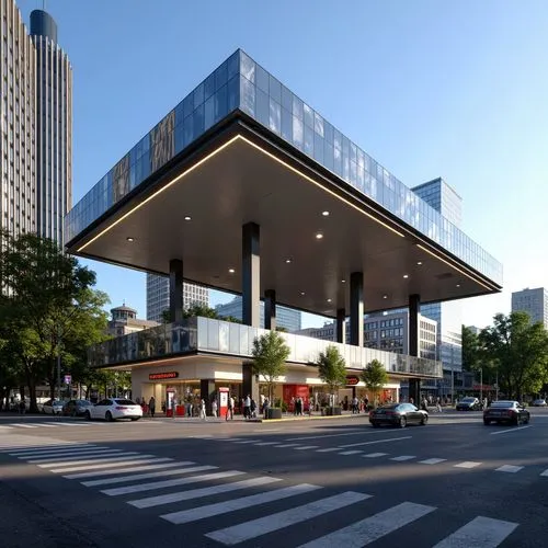 Modern gas station, futuristic facade design, dynamic LED lighting, sleek metallic surfaces, angular lines, minimalist architecture, green roofs, solar panels, energy-efficient systems, shaded canopie