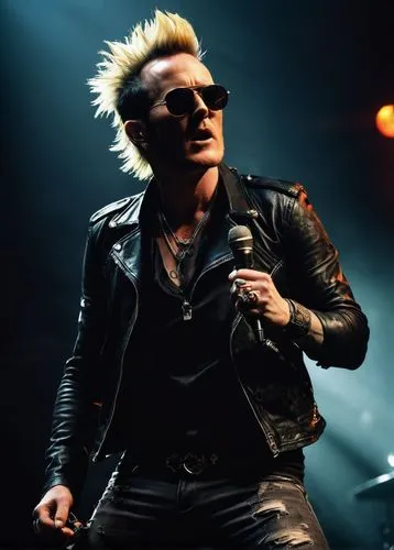 Scott Weiland, rockstar, messy blonde hair, bold makeup, tattoos on arms, black leather jacket, ripped jeans, sunglasses, microphone in hand, energetic pose, spotlight shining down, smoky atmosphere, 