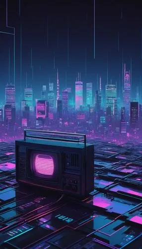 VHS tape, retro futuristic, neon lights, Japanese characters, grid pattern, 3D pixel art, misty atmosphere, cityscape at night, skyscrapers, Tokyo-inspired, vaporwave logo, distorted image, VCR player