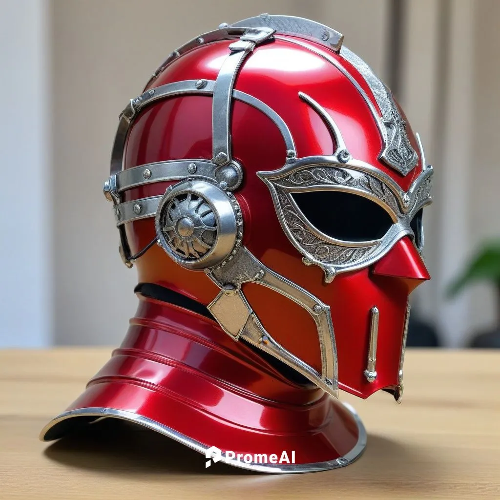 a red helmet sitting on top of a table,iron mask hero,ultron,enmascarado,helmet,headshield,soldier's helmet