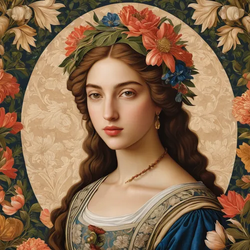 girl in a wreath,wreath of flowers,floral wreath,girl in flowers,rose wreath,portrait of a girl,flora,bouguereau,flower crown of christ,laurel wreath,blooming wreath,beautiful girl with flowers,the angel with the veronica veil,flower wreath,the prophet mary,artemisia,virgo,floral ornament,floral garland,cepora judith,Art,Classical Oil Painting,Classical Oil Painting 19