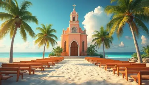 Warm apricot color, beach church, tropical architecture, palm trees, sunny day, clear blue sky, puffy white clouds, sandy beach, seashells, gentle sea breeze, soft focus, warm lighting, romantic atmos