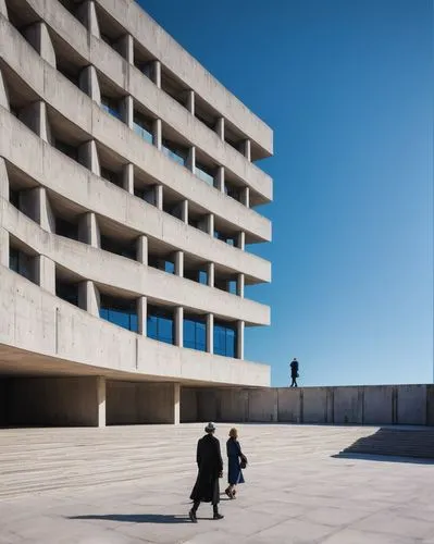 Aldo Rossi architecture, brutalist building, concrete structure, geometric shape, bold lines, minimalist details, urban landscape, city square, modern fountain, walking people, sunny day, clear blue s