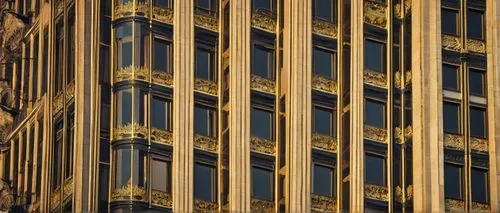 Art Deco building, luxurious, geometric patterns, metallic materials, ornate decorations, curved lines, zigzag motifs, sunburst designs, chevron shapes, stepped silhouettes, skyscraper, urban cityscap