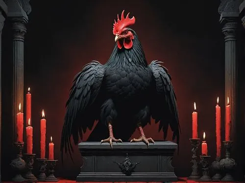 Demonic chicken, hellish red eyes, sharp beak, black feathers with red undertones, horns on head, muscular legs, claws, standing on a pedestal of skulls, in a dark dimly lit chamber, surrounded by can