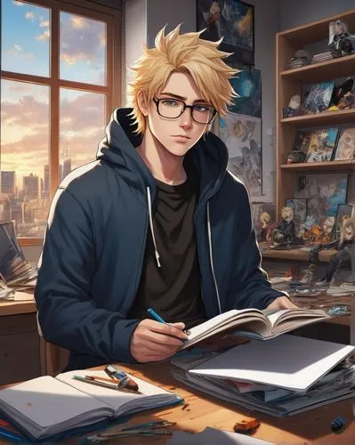 bookworm,reading glasses,cg artwork,blonde sits and reads the newspaper,author,tutor,game illustration,study,nerd,tutoring,librarian,coffee and books,writing-book,study room,scholar,eyeglasses,reading,bookstore,student,astronomer,Conceptual Art,Oil color,Oil Color 05