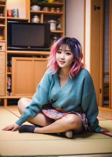 bb girl, cute, chubby, stuffed belly, big appetite, sweet facial expression, messy hair, colorful hair clips, casual wear, loose sweater, mini skirt, thick legs, sitting on floor, food scattered aroun