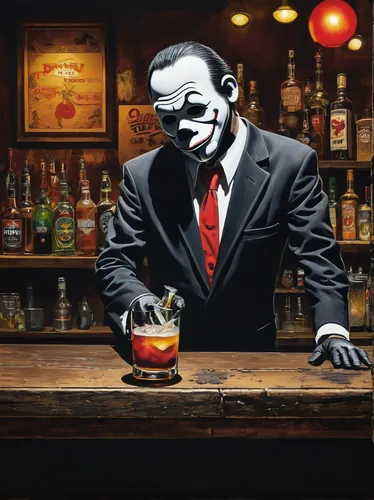 Create a thrilling mystery where a bartender uncovers a dangerous secret while working late nights in a shady dive bar.,bartender,barman,anonymous mask,unique bar,liquor bar,american whiskey,prohibiti