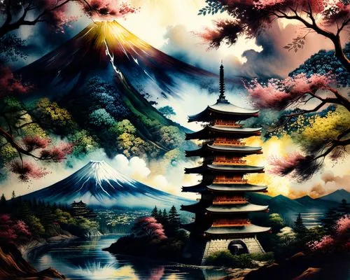 Mount Fuji and Pagoda,a painting shows an oriental tower in front of the mountains,japanese art,oriental painting,japanese background,japan landscape,watercolor background,landscape background,Illustr