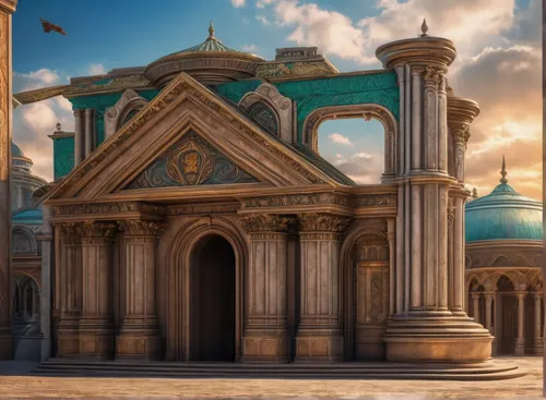 a fantasy 3-arched banking establishment,classical architecture,byzantine architecture,marble palace,ancient roman architecture,mortuary temple,merida,neoclassical,europe palace,ancient city,greek tem