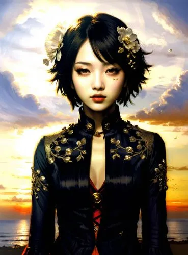 a painting of a beautiful woman wearing black clothes,xiaoyu,planescape,sky rose,eiko,dreamfall,shimei,Illustration,Realistic Fantasy,Realistic Fantasy 08