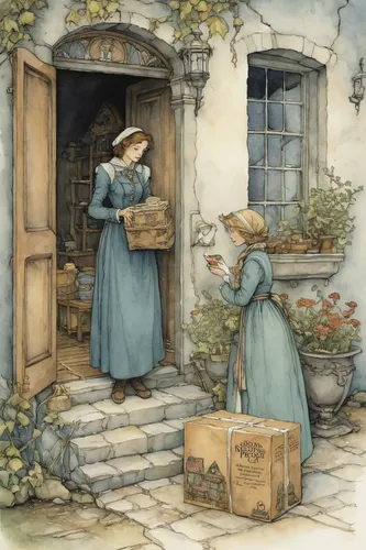 kate greenaway,pilgrims,vintage illustration,peddler,parcel post,book illustration,work in the garden,laundress,arthur rackham,vintage drawing,hatmaking,suitcase in field,cottage garden,apothecary,courtship,parcel service,girl picking apples,vintage children,flower delivery,candlemaker,Illustration,Paper based,Paper Based 29