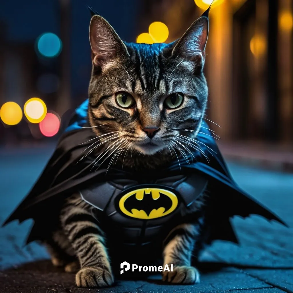 Cat wearing Batman costume walk on the street in the night closeup hyper realistic ,catman,supercat,batman,patman,batjac,batsuit,halloween cat,batgirl,bat,batmanglij,superhero,crimefighter,batalik,cri