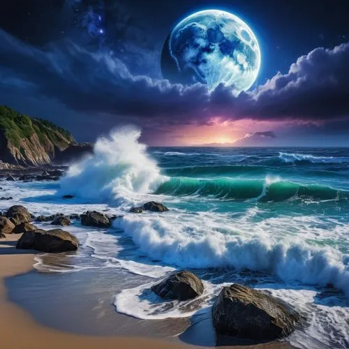 blue moon,moonlighted,dreamscapes,blue planet,ocean background,moonlit night,seascape,fantasy picture,moonscapes,moondance,moonlit,ocean waves,blue waters,sea night,oceanology,dreamscape,dreamtime,ocean paradise,lunar landscape,moonscape,Photography,General,Realistic