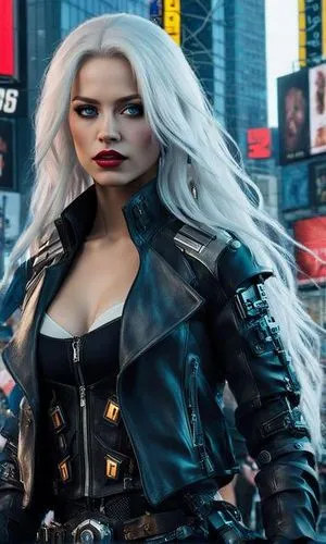 harley,xmen,silver fox,femme fatale,toni,jennifer lawrence - female,superhero background,x-men,birds of prey-night,fierce,fantasy woman,veronica,harley quinn,renegade,leather jacket,x men,wig,silver,w