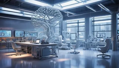 Neuroscience lab, futuristic architecture, sleek lines, glass walls, steel beams, complex pipelines, brain-inspired sculptures, neuron-shaped columns, minimalist interior, Eames-style chairs, futurist