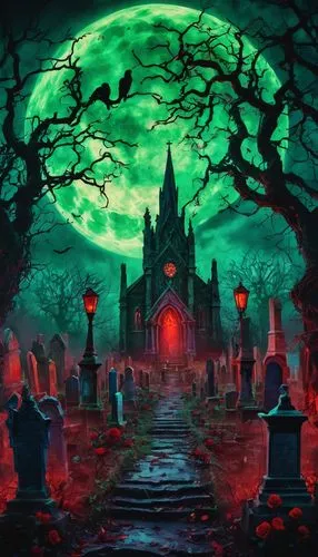 necropolis,haunted cathedral,halloween background,blood church,halloween wallpaper,halloween scene,graveyard,old graveyard,halloween poster,halloween illustration,haunted castle,mortuary temple,burial ground,halloween border,tombstones,cemetary,halloweenkuerbis,halloween and horror,ghost castle,macabre,Conceptual Art,Oil color,Oil Color 23
