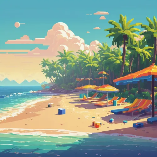 Design a simple pixel art of a sunny beach scene.,tropical beach,dream beach,beach landscape,tropics,beach scenery,tropical island,caribbean beach,seaside resort,summer background,tropical sea,honolul