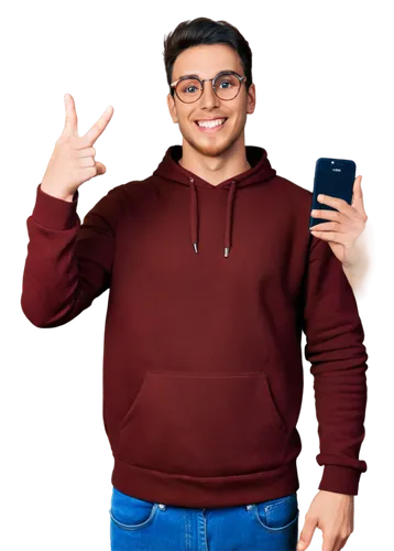 Comedy YouTube creator, young adult male, messy brown hair, bright smile, glasses, casual wear, hoodie, jeans, sneakers, holding smartphone, recording selfie video, funny facial expressions, exaggerat