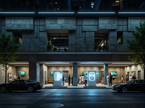 elevators,store front,city corner,storefront,kamurocho,levator,fnb,alchemax,citycell,galleria,nighthawks,nihonbashi,computer store,modern office,apple store,aqua studio,business district,art gallery,shopping street,payphones