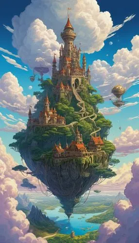 fantasy landscape,mushroom island,floating island,flying island,mushroom landscape,skylands,kinkade,fantasy world,bird kingdom,fairy chimney,3d fantasy,meteora,ghibli,floating islands,yazaki,fantasy city,studio ghibli,kanto,world digital painting,cloudmont