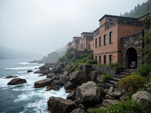 Rugged coastal scenery, weathered rocks, crashing waves, salty sea air, durable masonry structures, sturdy stone walls, robust brick buildings, rusticated stonework, arched windows, thick mortar joint