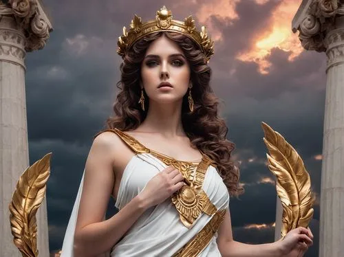 athena,laurel wreath,greek mythology,cybele,artemisia,cleopatra,greek myth,aphrodite,thracian,priestess,justitia,goddess of justice,lycaenid,diadem,artemis,cepora judith,athenian,aporia,athene brama,golden crown,Illustration,Realistic Fantasy,Realistic Fantasy 46