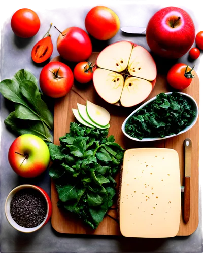 Fresh ingredients, colorful arrangement, wooden cutting board, scattered kitchen utensils, overhead shot, soft natural light, shallow depth of field, warm color tone, 3/4 composition, vibrant fruit (e