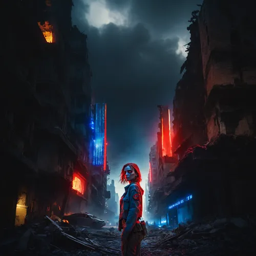 the rest of the ruined city,dystopian,transistor,clary,photomanipulation,cyberpunk,digital compositing,sci fiction illustration,destroyed city,apocalypse,superhero background,apocalyptic,world digital