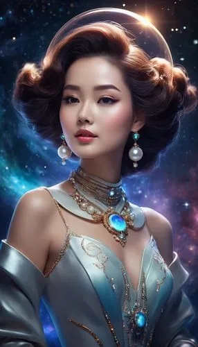 Glamour woman portrait, sophisticated styling, pearl jewelry, elegant pose, luxurious setting, portrait photography,a woman in a gown and necklace standing against a space background,delenn,yuanpei,qi